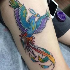 a colorful bird tattoo on the leg