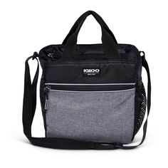 a black and grey bag with the word booo on it's front pocket