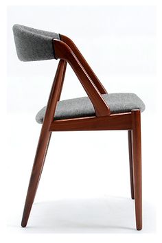 a wooden chair with grey upholstered seat and backrest, viewed from the front