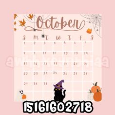 an october calendar with a black cat and pumpkins