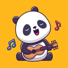 a panda bear playing the guitar with music notes around him