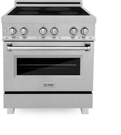 a stainless steel stove with four burners and two oven doors on the front, against a white background