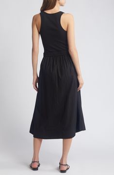 Get the polished look of separates in one easy piece with this scoop-neck dress that pairs a ribbed tank with a woven midi skirt. 48" length (size Medium) Slips on over head Scoop neck Sleeveless Unlined 95% organic pima cotton, 5% elastane Machine wash, tumble dry Made in Peru Black Midi Dress For Work, Summer Midi Dress With Relaxed Knee-length Skirt, Relaxed Knee-length Midi Dress For Summer, Knee-length Midi Dress With Relaxed Skirt For Summer, Relaxed Midi Dress For Day Out, Summer Workwear Ribbed Midi Dress, Summer Ribbed Midi Dress For Work, Chic Black Midi Dress, Solid Color Midi Length Dress With Relaxed Skirt