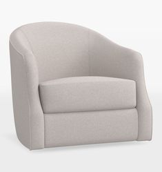 an upholstered chair with a curved back and arm rests on a white background