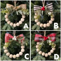 four pictures show how to make an ornament for a christmas tree with wood beads and bows