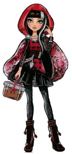 a drawing of a girl with a red hat and coat holding a basket in her hand