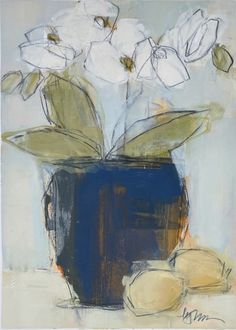 a painting of white flowers in a blue vase