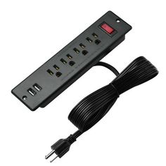 the power strip is plugged into an extension cord with two red lights on each side