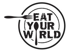 the eat your world logo with a fork and knife in it's center on a white background