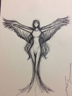 a drawing of a woman with large wings on her body and arms spread out to the side