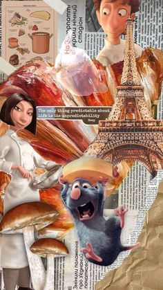 a collage of people and animals in front of the eiffel tower with food