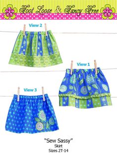 three different styles of girls'skirts with the measurements for each item in front and back