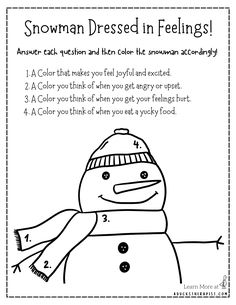 the snowman dressed in feelings worksheet for kids to learn how to write and color