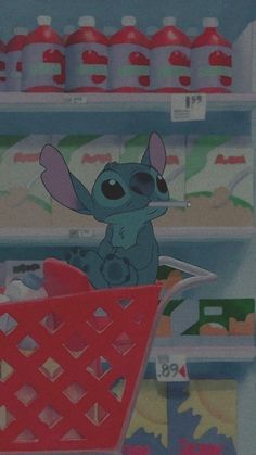 a cartoon character is pushing a shopping cart in front of shelves filled with juice and condiments