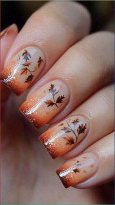 Thanks Giving Nail Design, Fall Harvest Nails, French Tip Fall Nail Designs, Chilac Nails, Fall Nail Designs Acrylic Square, Autom Nails, Square Nails Fall Colors, Fall Leave Nails, Nails With Fall Leaves