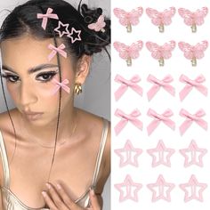 a woman with pink bows and hair clips on her head, next to an image of butterflies