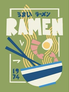 an advertisement for ramen with chopsticks and noodles in a bowl on a green background