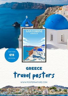 a poster with the words greece travel posters in front of an ocean and cityscape