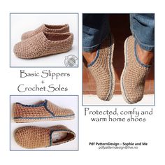 crocheted slippers and booties are shown in three different pictures, including one with