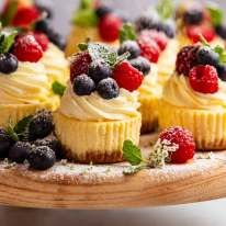 small cupcakes with fresh berries and mint sprinkles on a wooden platter