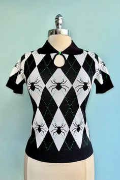 Natasha Spider Short Sleeve Sweater by Hell Bunny – Modern Millie Goth Thanksgiving Outfit, 80s Goth Outfits, Black And White Diamond Pattern, Black Spiders, Bunny Sweater, Modern Millie, Goth Clothes, Oc Inspiration, Rockabilly Style