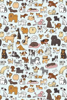 an image of many different dogs on a light blue background with black and white dots