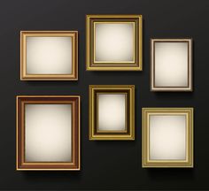 set of golden frames on black wall with clippings for images or text in them