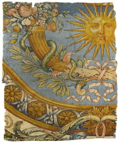 an artistic painting on the ceiling of a building with sun and flowers in it's center