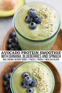 Avocado Smoothie - Creamy Avocado Smoothie with blueberries, spinach, banana, protein powder, and a secret ingredient for a healthy complete meal in a glass! #avocado #smoothie #vegan #paleo #breakfast #proteinsmoothie Digestion Smoothie, Blueberry Avocado Smoothie, Avocado Protein, Chocolate Avocado Smoothie, Avocado Smoothie Recipe, Smoothie Recipes Healthy Breakfast, Banana Protein, Spinach Smoothie