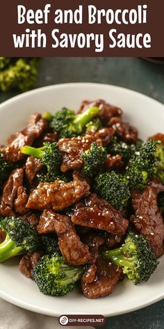 beef and broccoli with savory sauce on a white plate