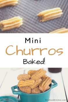 mini churros baked in a blue pot with the words, mini churros baked