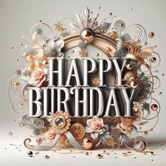 the words happy birthday are surrounded by flowers and pearls on a gray background with gold accents