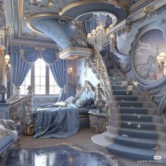 a fancy bedroom with blue and gold decor, stairs leading up to the bed area