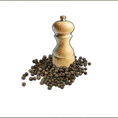 a wooden pepper grinder surrounded by black peppercortches on a white background