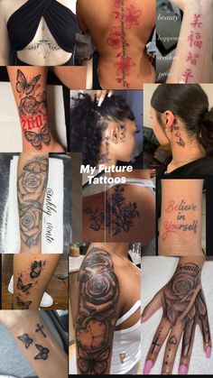 many different tattoos on the back of women's bodies and hands, all in different styles