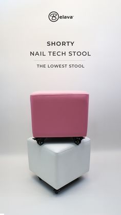 a pink and white chair with the words shorty nail tech stool on it