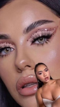 Bedazzled Eye Makeup Rhinestones, Glitter Jewel Makeup, Gem Placements Makeup, Beyoncé Concert Makeup Ideas, Make Up With Crystals, Jewel Eye Makeup Rhinestones, Gems Makeup Look, Makeup With Jewels, Gem Eye Look