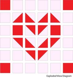 an image of a red and white quilt with squares in the shape of hearts on it