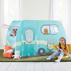 Bring all the fun of camping, right to your child's playroom. The Martha Stewart Kids' Camper Play Tent inspires pretend play and encourages children ages 3 and up to use their imagination. Easily fit the washable fabric tent over the durable steel frame and instantly transport your child to a playful world created just for them. The camper-themed play tent features an awning, see-through windows and authentic image details like tired, dogs and camping equipment. Dress Up Storage, Kids Play Tent, Playhouse Outdoor, Kids Vanity, Toddler Bedrooms, Play Tent, Indoor Activities, Kids Playroom, Outdoor Kids