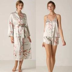 Robes and Kimono PJ Set | Eiyo Kimono Boho Pajamas, Elegant Kimono, Kimono Gown, Bohemian Scarves, Silk Robes, Pyjamas Set, White Boho Dress, Boho Scarfs, Short Kimono