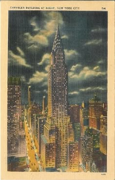 the chrysler building at night in new york city, ny - postcard from 1932