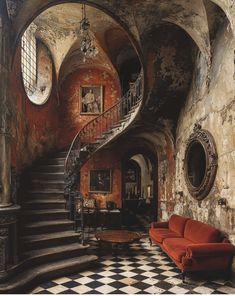 a red couch sitting on top of a checkered floor next to a spiral staircase