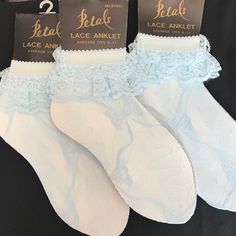 Petals Deadstock Anklet Socks With Lace Trim Set Of 3 In Baby Blue Socks With Lace, Rhinestone Tights, Blue Q Socks, Bridal Garter Blue, Heart Tights, Disney Socks, Bobby Socks, Black Opaque Tights, Knit Wool Socks