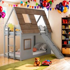 a child's bedroom with a bunk bed and a slide to the top floor