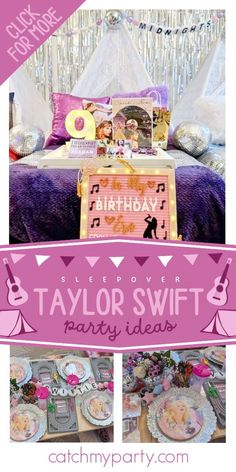 a collage of photos with the words taylor swift party ideas in pink and purple