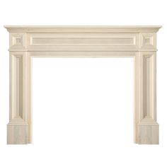 a white fireplace with an ornate design on the top and bottom, against a white background