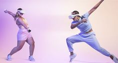 two people wearing virtual reality headsets are dancing in front of a purple and pink background