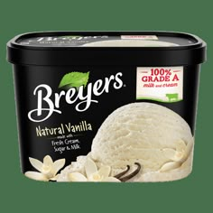 breyers vanilla ice cream in a tub with flowers on the top and bottom