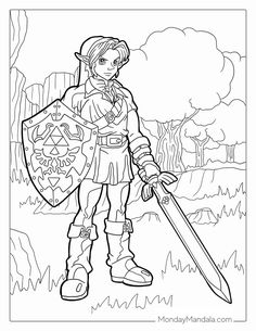 the legend of zelda coloring page is shown in black and white, with an image of