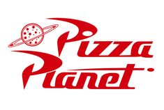 the pizza planet logo is shown in red and white, with an image of saturn on it